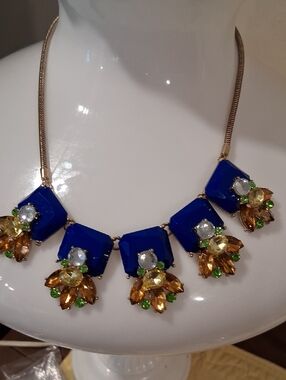 Gold-Tone Necklace with Royal Blue, Amber and Green Crystals - Women Jewelry